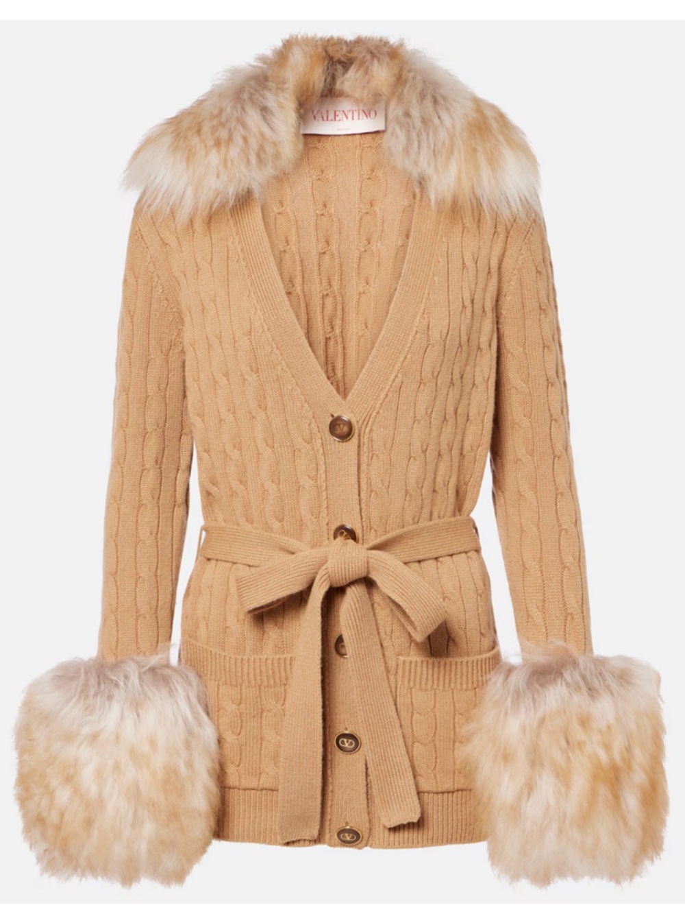 Valentino Beige Cable-Knit Cashmere Cardigan with Shearling Trim